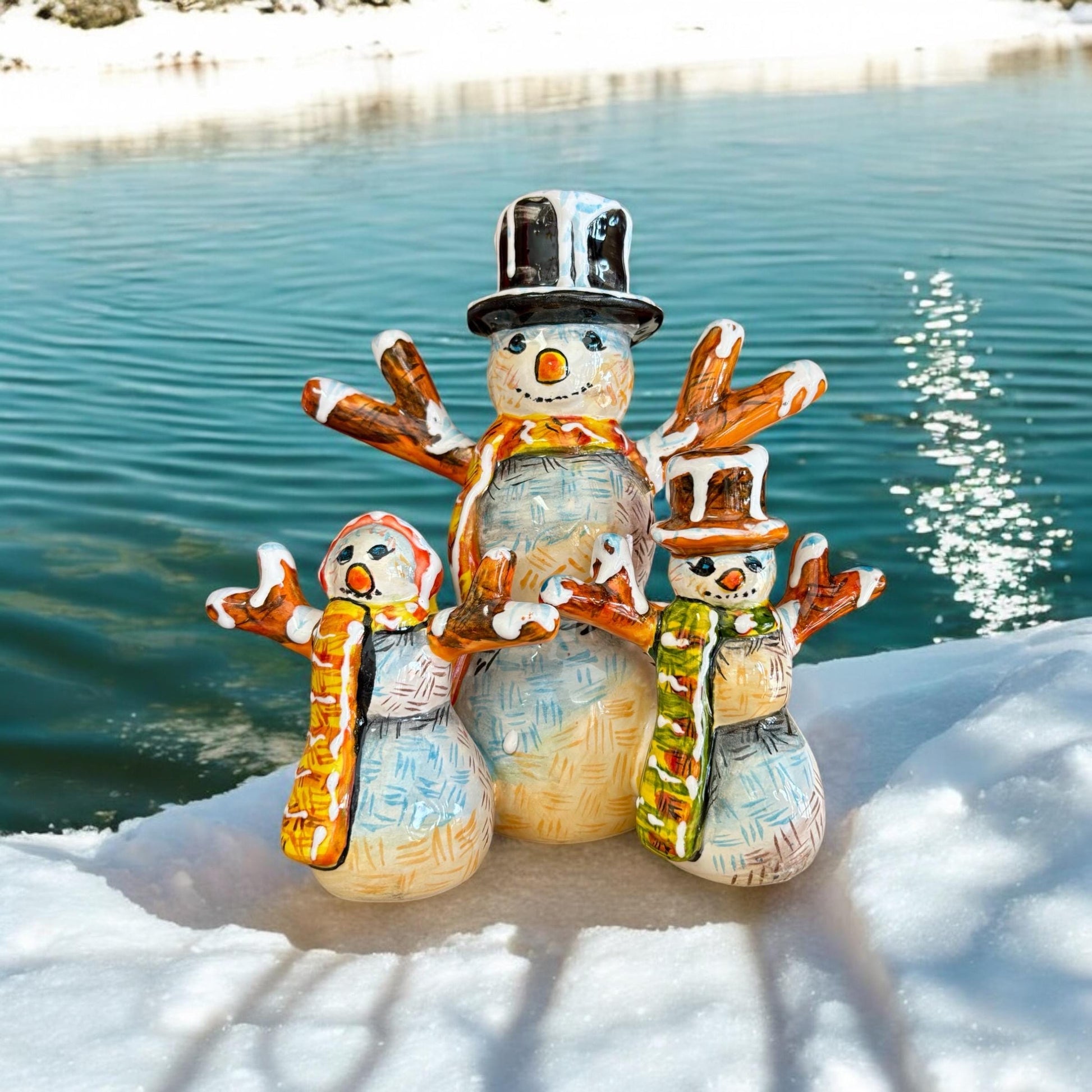 Snowman Family Hand Painted Christmas Holiday Statue, Authentic Mexican Ceramic Hand Crafted Talavera