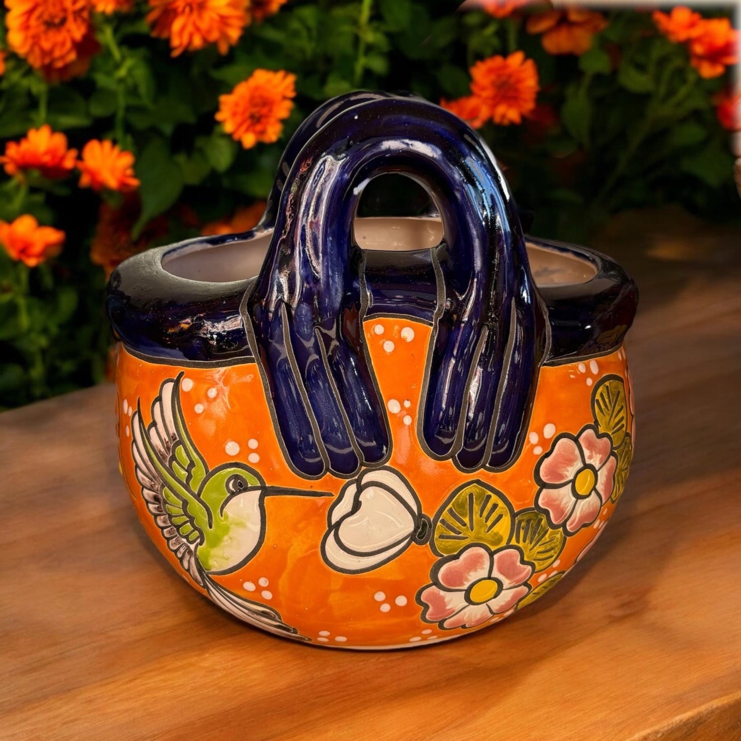 Hummingbird Basket Talavera Planter Pot S, Authentic Mexican Ceramic Hand Crafted Talavera