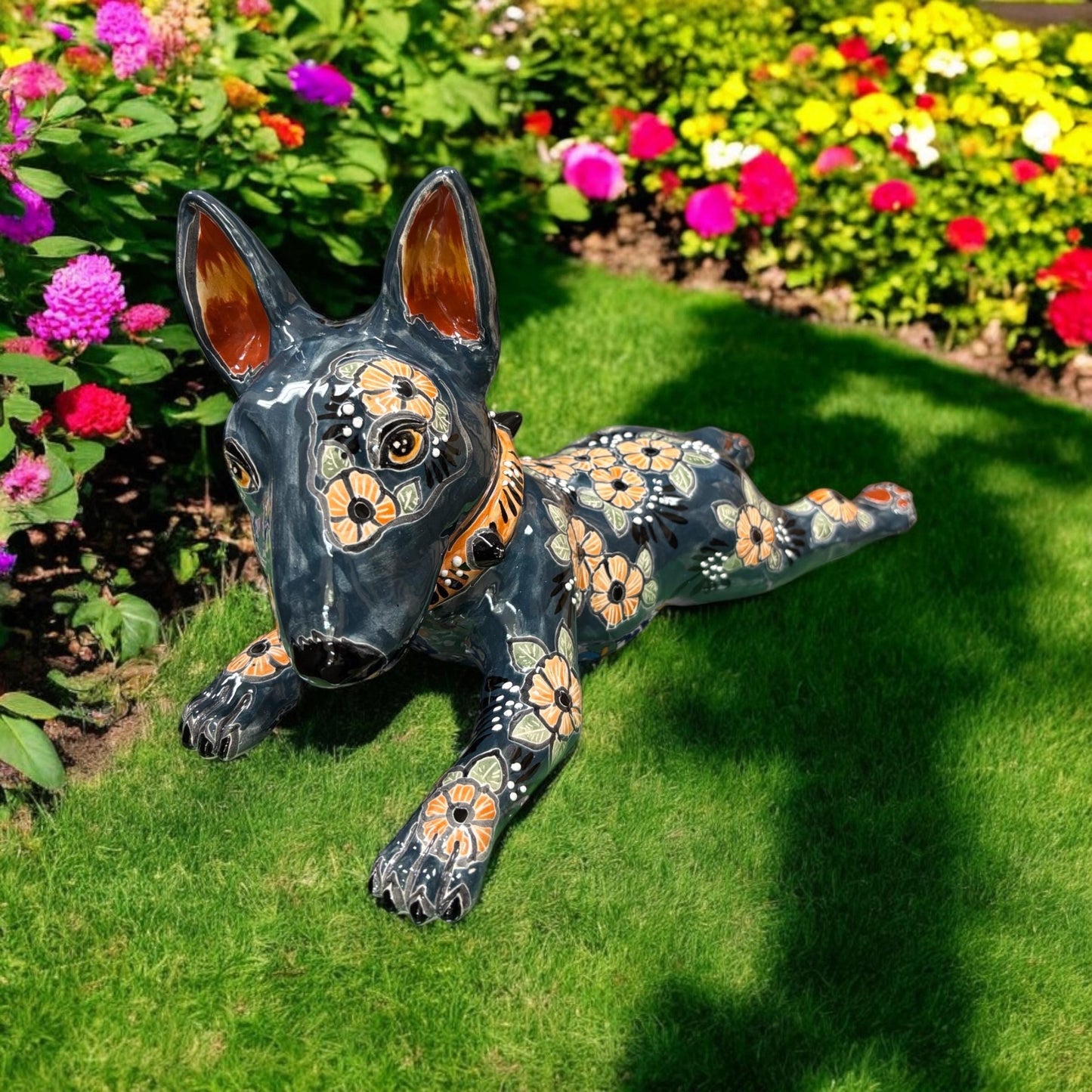 Cute Hand Painted Bull Terrier Dog Sculpture, Authentic Ceramic Hand Crafted Mexican Talavera