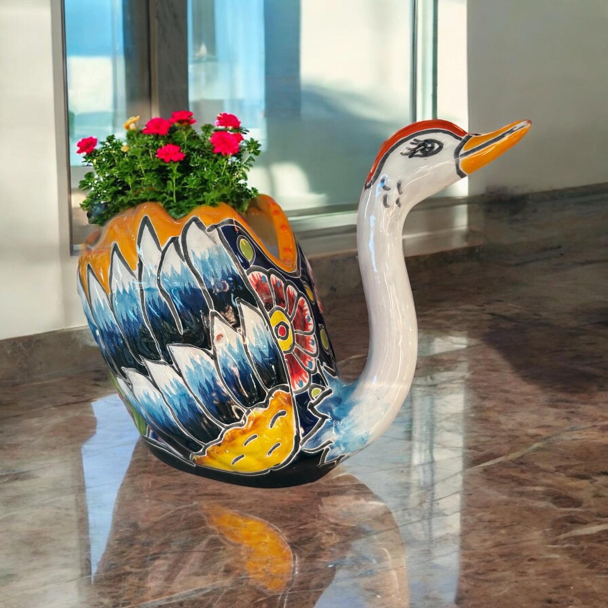 Small Hand Painted Swan Planter Pot, Authentic Mexican Ceramic Hand Crafted Talavera