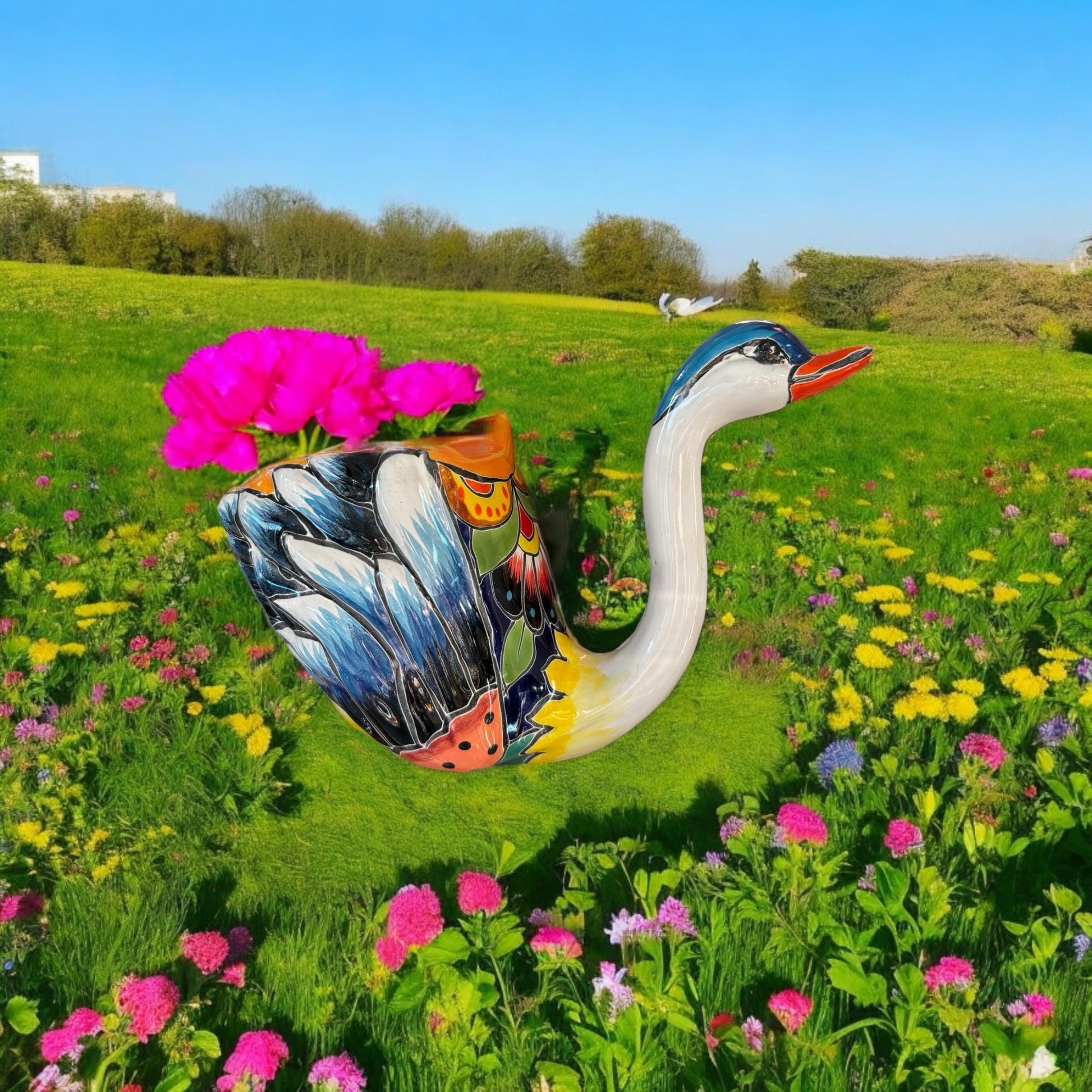 Small Hand Painted Swan Planter Pot, Authentic Mexican Ceramic Hand Crafted Talavera