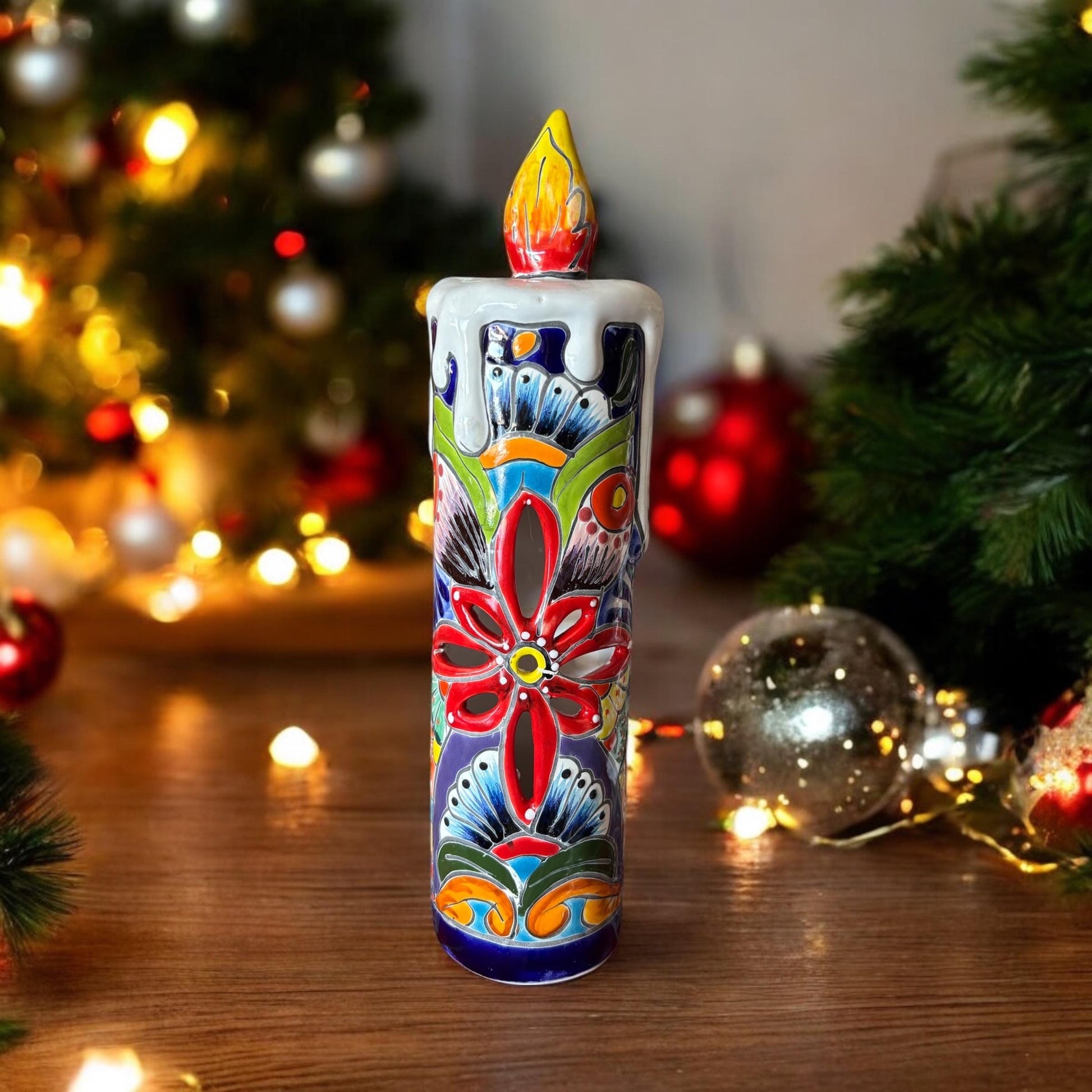 Colorful Hand Painted Hollow Candle Holiday Statue For Tea Candle, Authentic Mexican Ceramic Hand Crafted Talavera