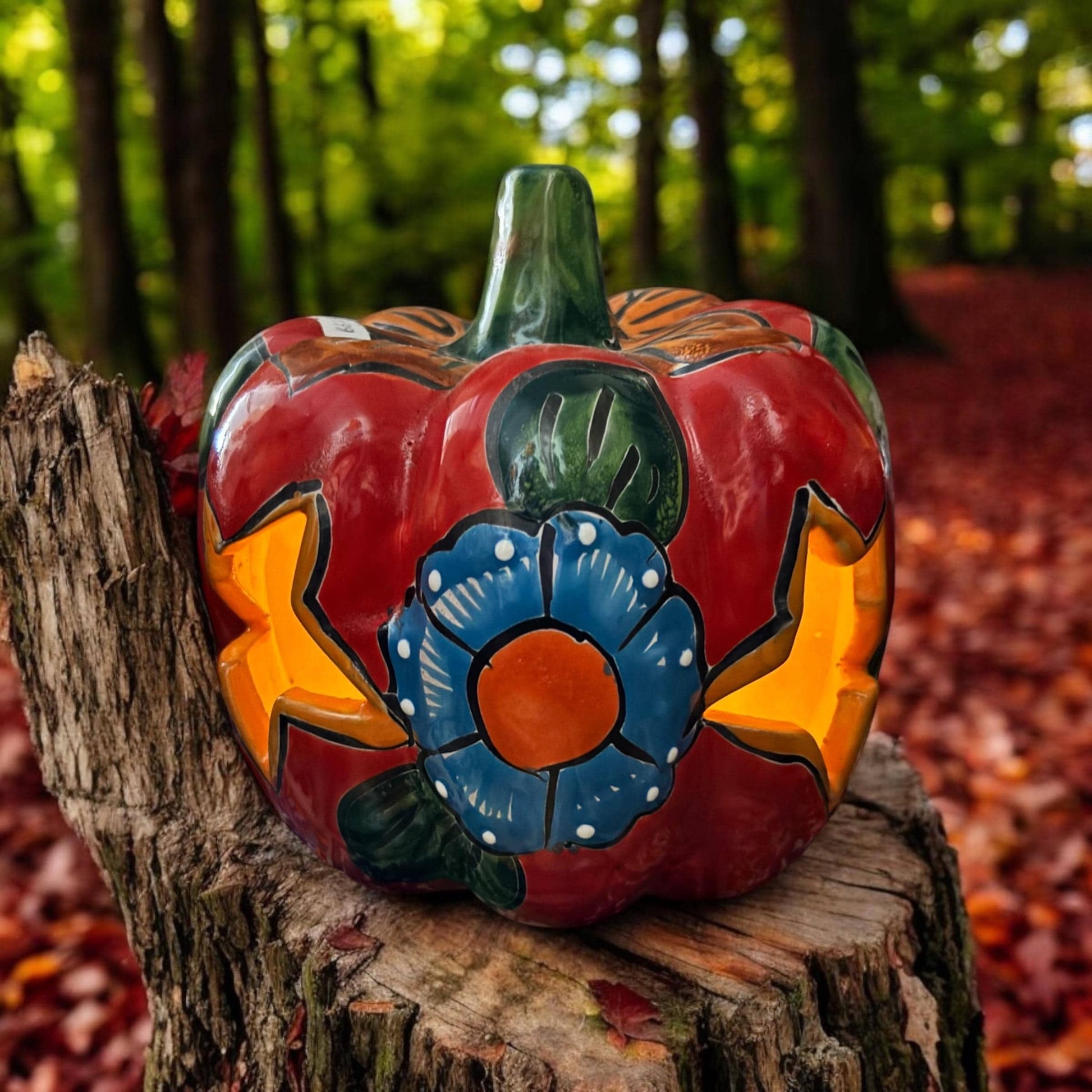 Hollow Hand Painted Pumpkin Thanksgiving Holiday Statue For Tea Candle, Authentic Mexican Ceramic Hand Crafted Talavera