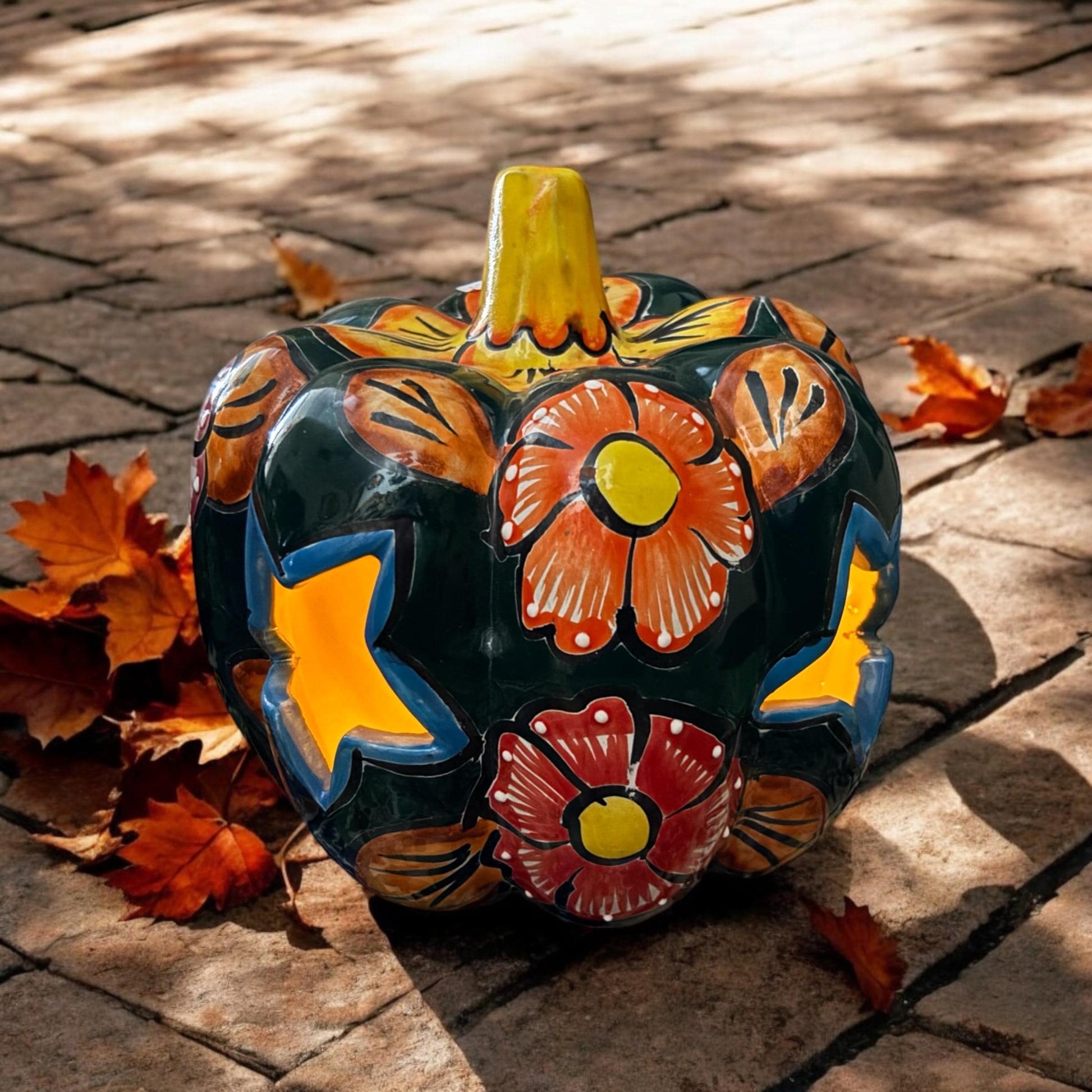 Hollow Hand Painted Pumpkin Thanksgiving Holiday Statue For Tea Candle, Authentic Mexican Ceramic Hand Crafted Talavera