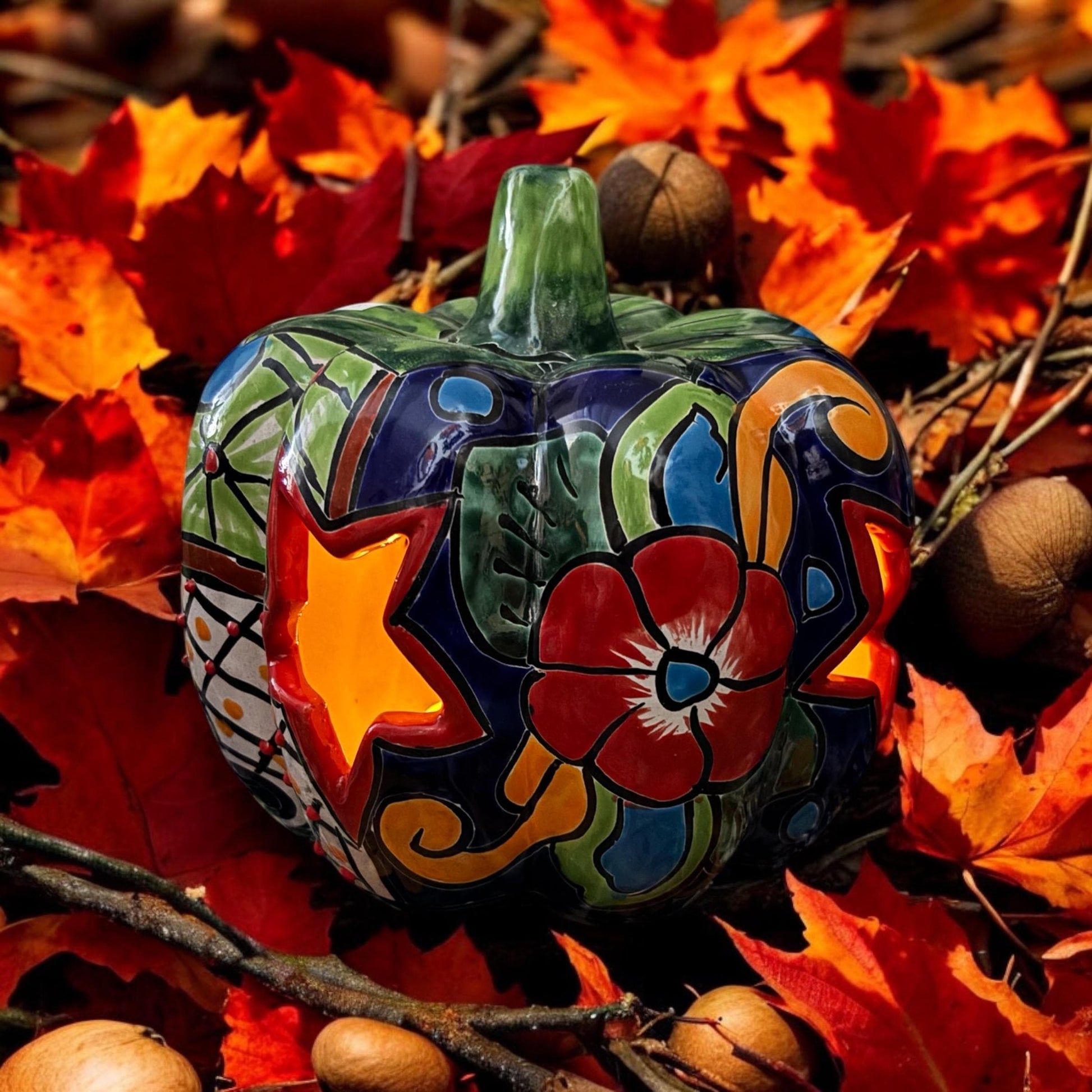 Hollow Hand Painted Pumpkin Thanksgiving Holiday Statue For Tea Candle, Authentic Mexican Ceramic Hand Crafted Talavera