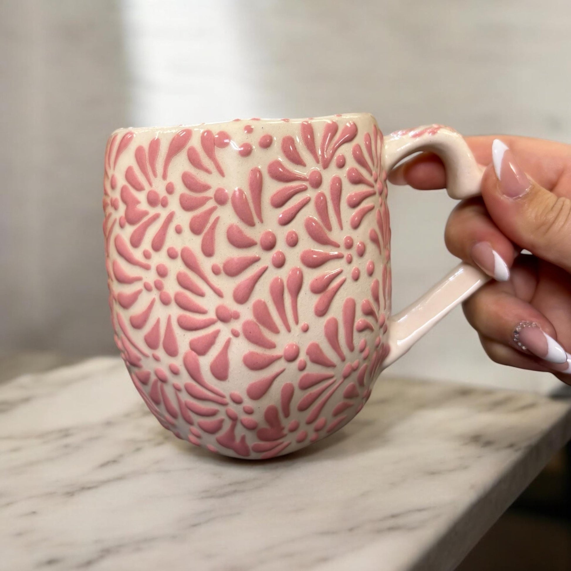 Pink and White Hand Painted Heart Coffee Mug, Authentic Ceramic Hand Crafted Mexican Talavera