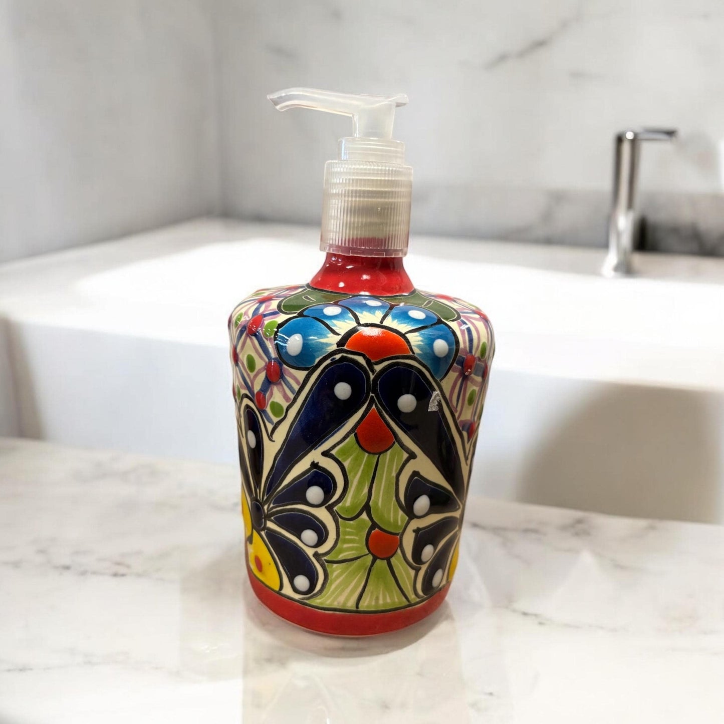 Colorful Hand Painted Talavera Soap Dispenser, Authentic Mexican Ceramic Hand Crafted Talavera