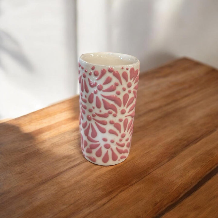 Pink and White Hand Painted Shot Glass From Mexico