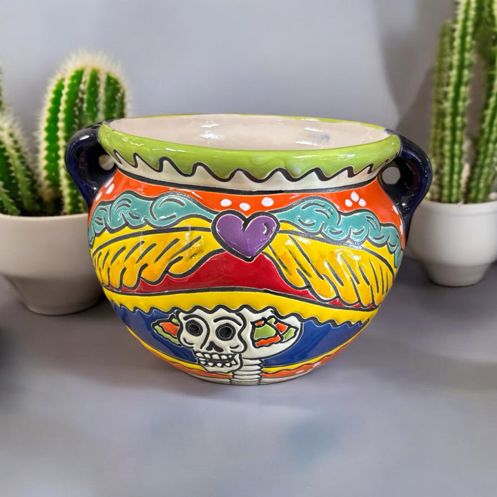 Catrina Skull Hand Painted S Planter Pot with Handles