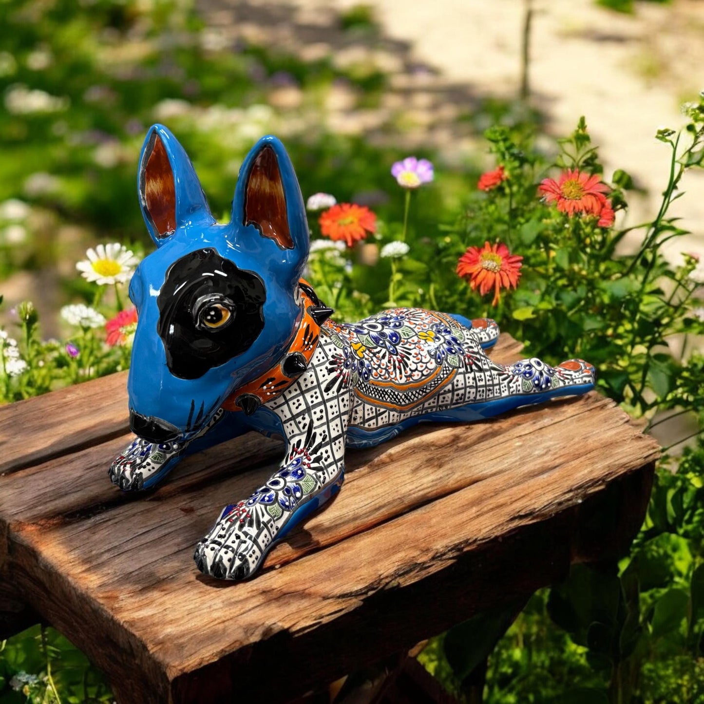 Cute Hand Painted Bull Terrier Dog Sculpture, Authentic Ceramic Hand Crafted Mexican Talavera