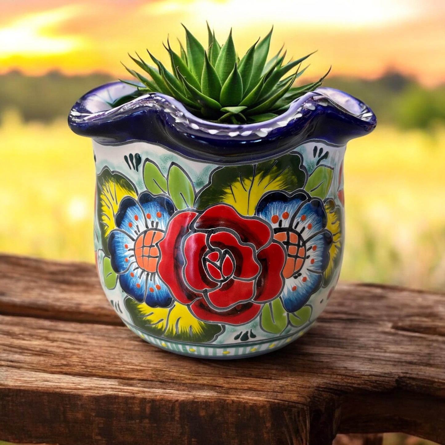 Wavy Rim Hand Painted Colorful Planter Pot, Authentic Mexican Ceramic Hand Crafted Talavera