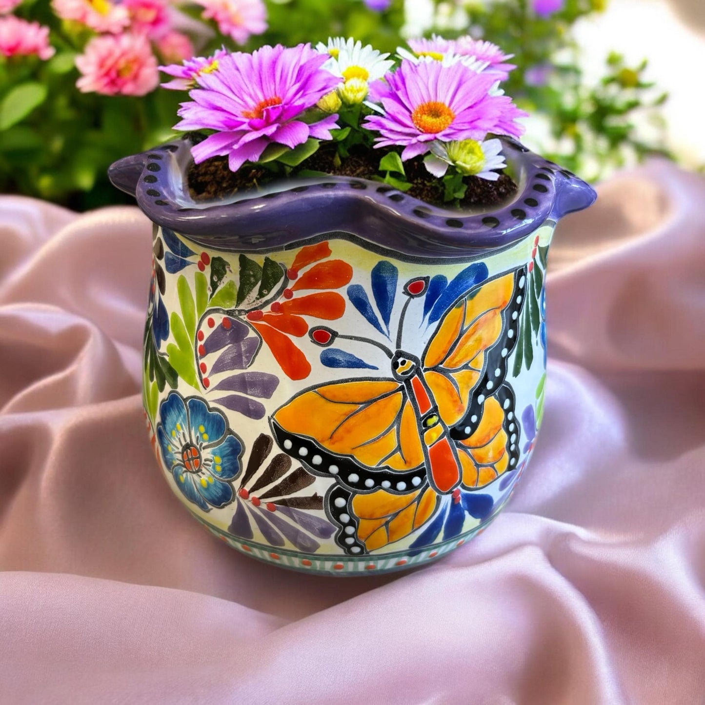 Wavy Rim Hand Painted Colorful Planter Pot, Authentic Mexican Ceramic Hand Crafted Talavera