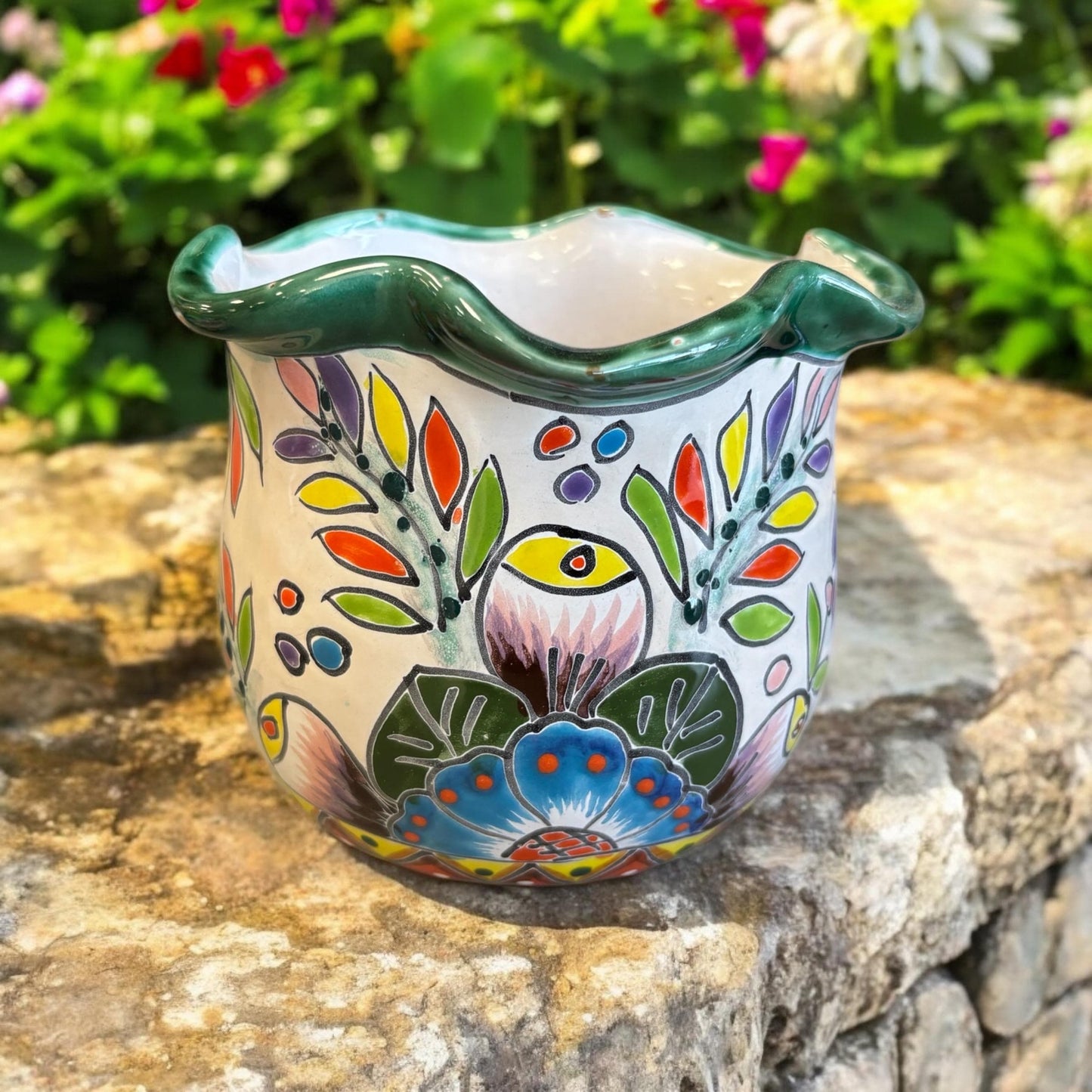 Wavy Rim Hand Painted Colorful Planter Pot, Authentic Mexican Ceramic Hand Crafted Talavera