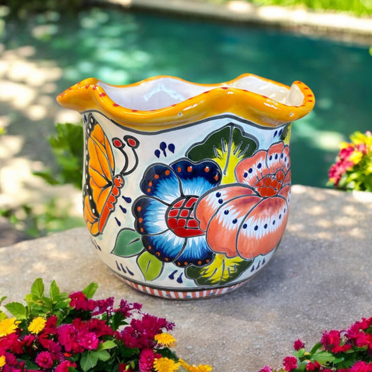 Wavy Rim Hand Painted Colorful Planter Pot, Authentic Mexican Ceramic Hand Crafted Talavera