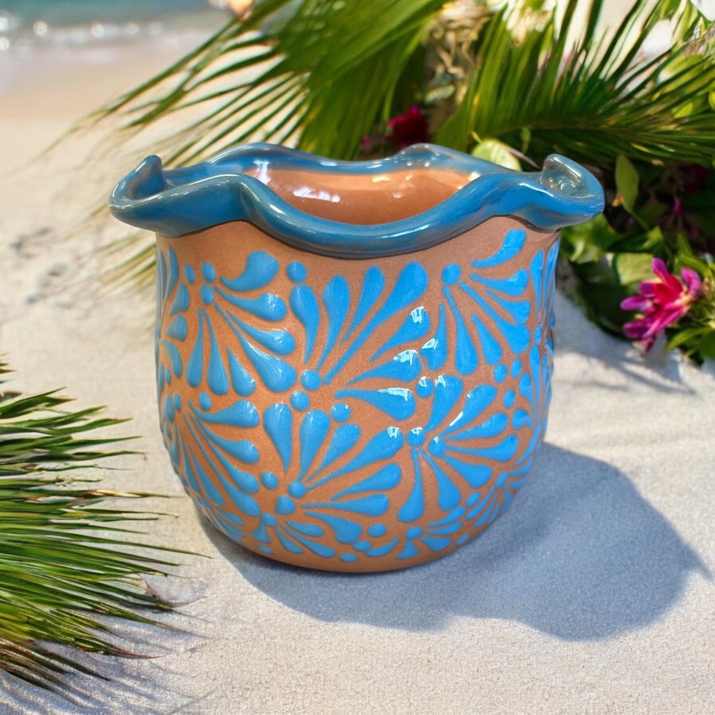 Wavy Rim Hand Painted Colorful Planter Pot, Authentic Mexican Ceramic Hand Crafted Talavera