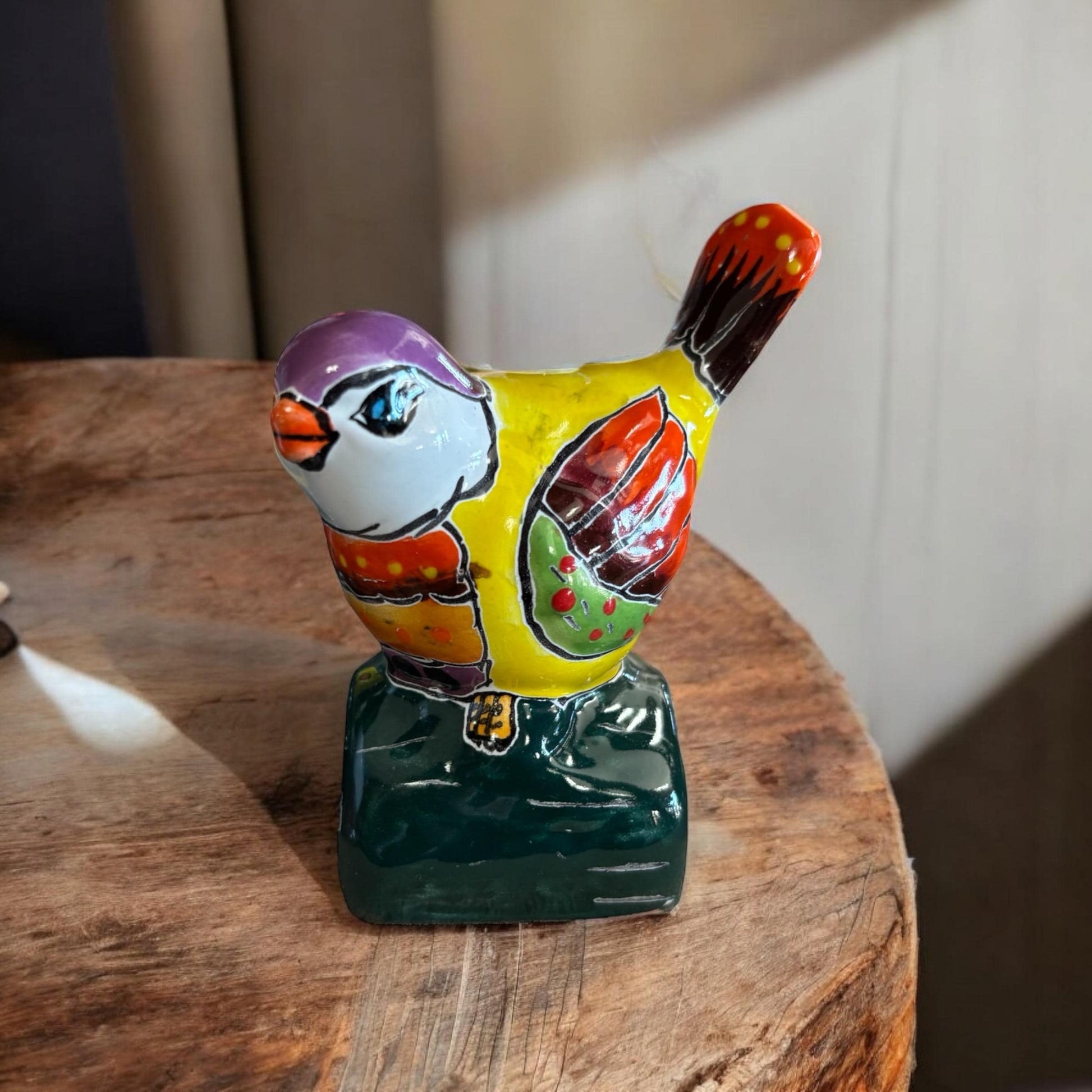 Mexican Hand Painted Bird on Wooden Block Figure, Authentic Mexican Ceramic Hand Crafted Talavera