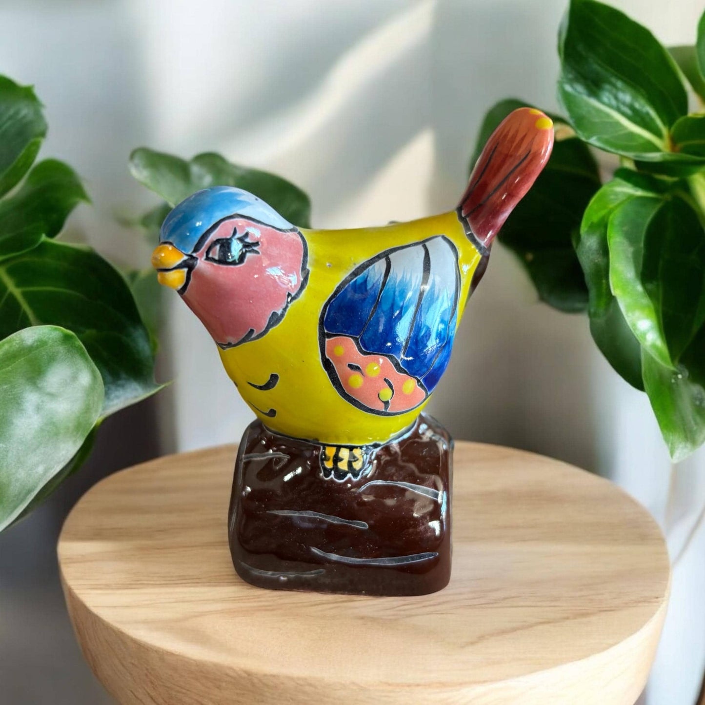 Mexican Hand Painted Bird on Wooden Block Figure, Authentic Mexican Ceramic Hand Crafted Talavera