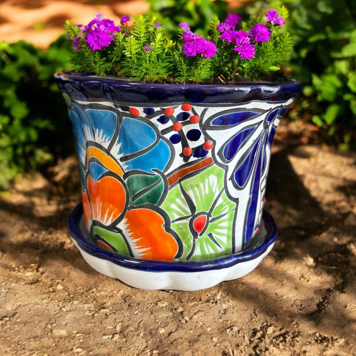 Wavy Hand Painted Colorful Planter Pot with Saucer Plate