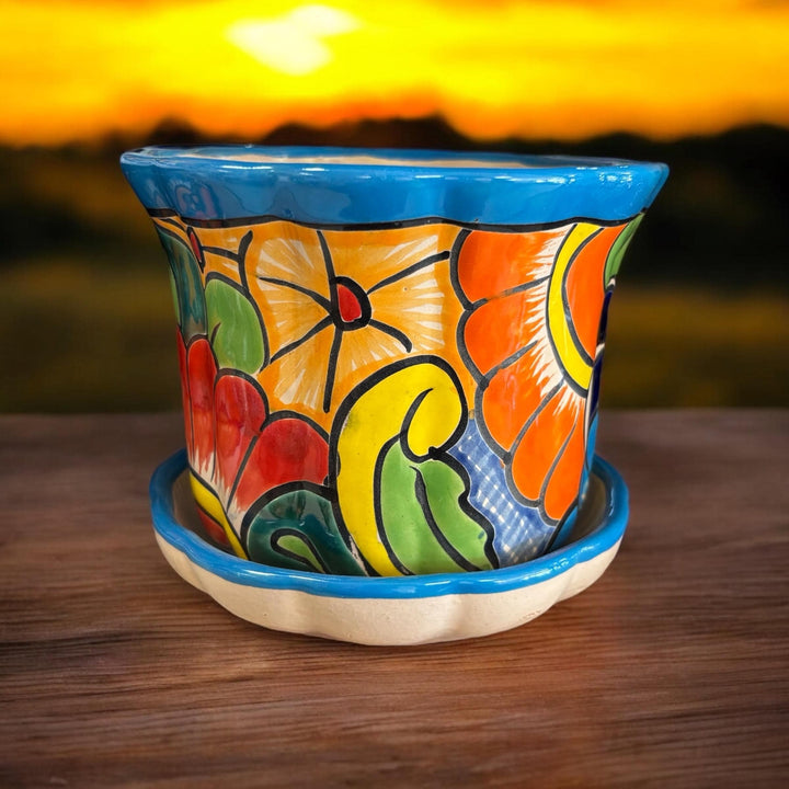 Wavy Hand Painted Colorful Planter Pot with Saucer Plate