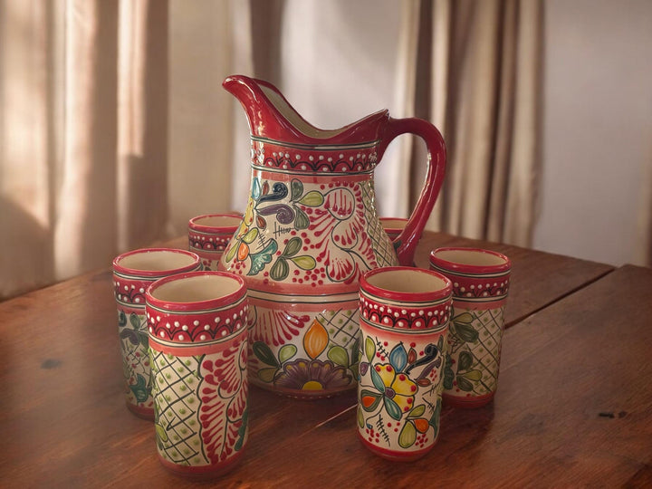 Hand Painted Talavera Pitcher and 6 Cups Set