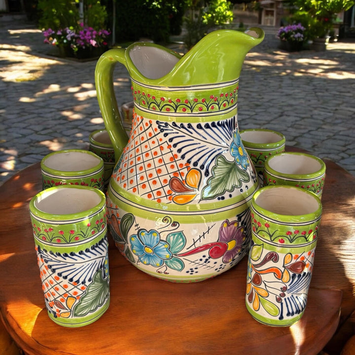 Hand Painted Talavera Pitcher and 6 Cups Set