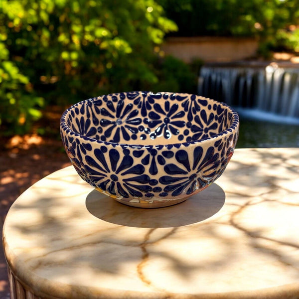 Hand Painted Talavera Beige and Dark Blue Bowl