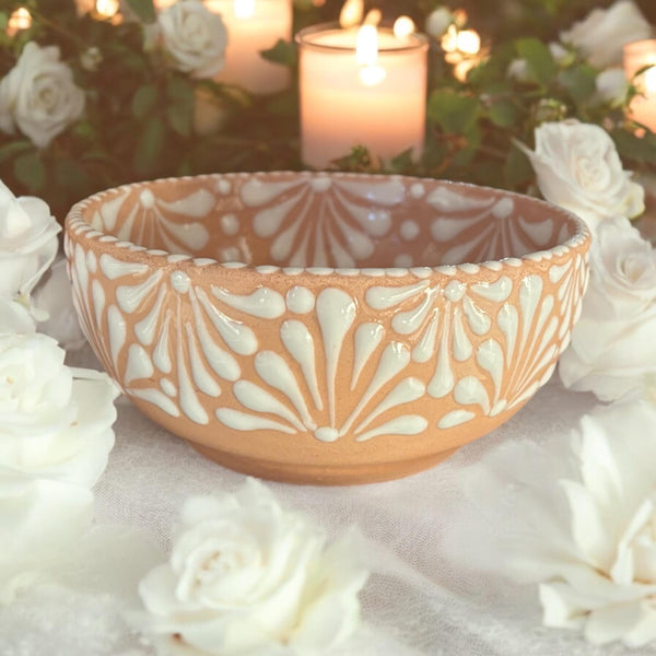 Hand Painted Talavera Beige and White Bowl