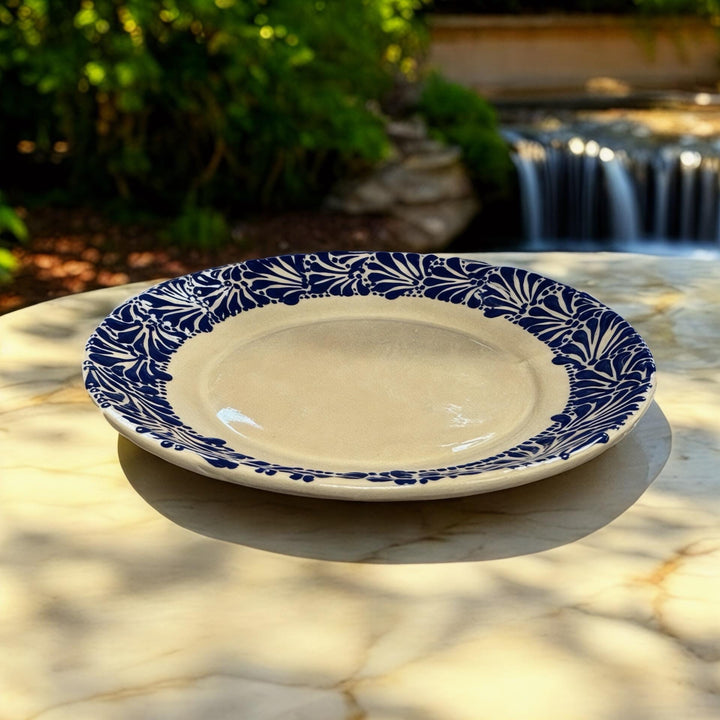 Hand Painted Talavera Beige and Dark Blue Dinner Plate