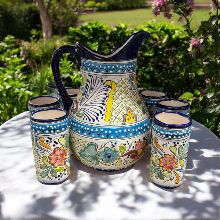 Hand Painted Talavera Pitcher and 6 Cups Set