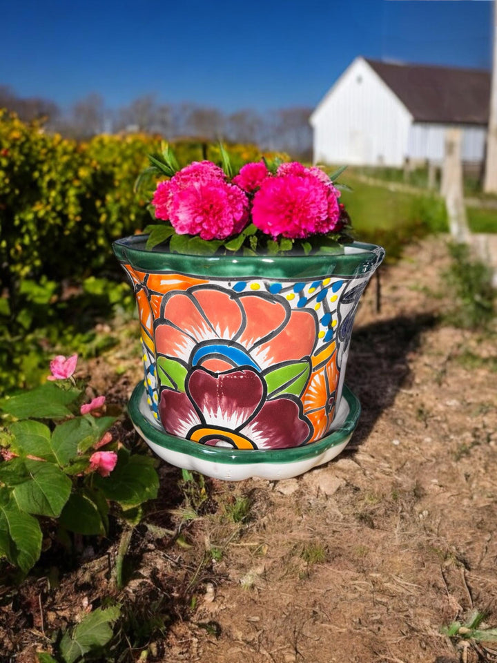 Wavy Hand Painted Colorful Planter Pot with Saucer Plate