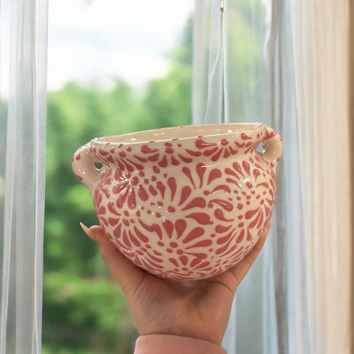Dainty White and Pink Hand Painted Planter Pot with Handles & Saucer