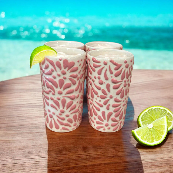 Pink and White Hand Painted Shot Glass From Mexico