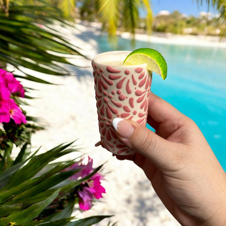 Pink and White Hand Painted Shot Glass From Mexico