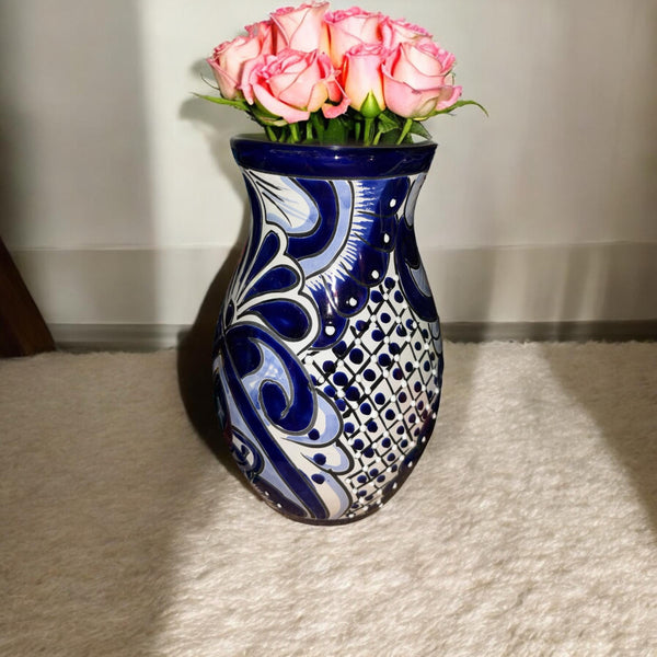 Dark Blue and White Hand Painted Small Talavera Vase