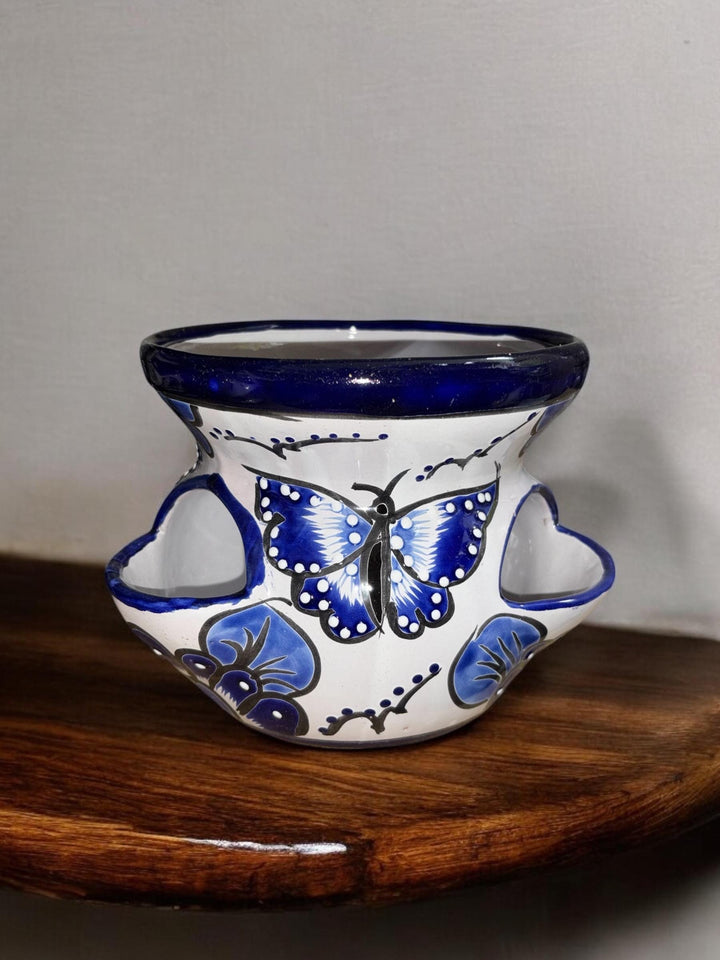 Dark Blue and White Butterfly Hand Painted Strawberry S Planter Pot