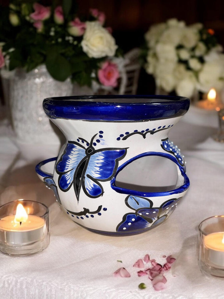 Dark Blue and White Butterfly Hand Painted Strawberry S Planter Pot