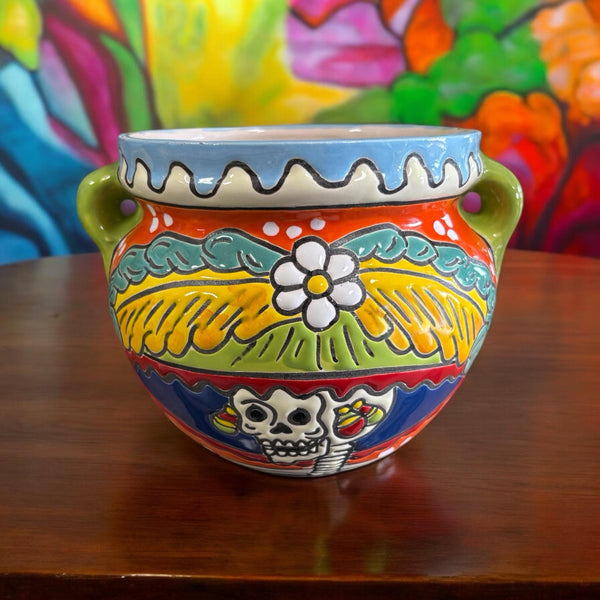 Catrina Skull Hand Painted S Planter Pot with Handles