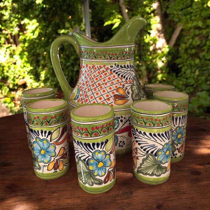 Hand Painted Talavera Pitcher and 6 Cups Set