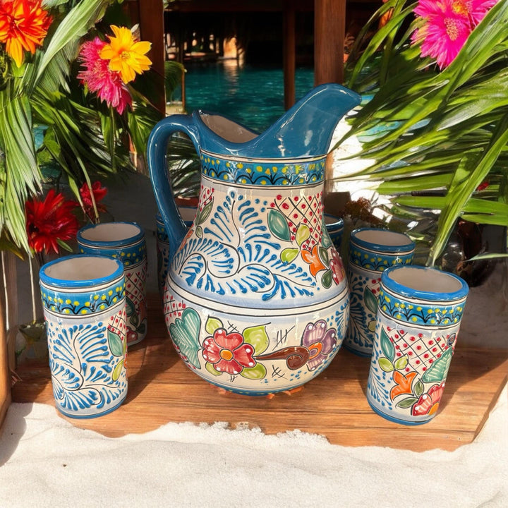 Hand Painted Talavera Pitcher and 6 Cups Set