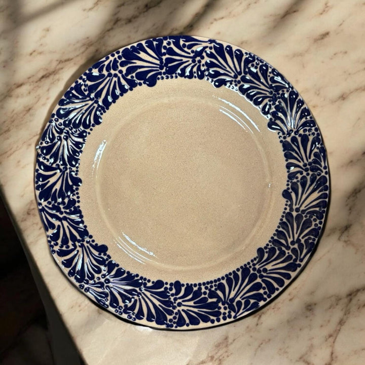 Hand Painted Talavera Beige and Dark Blue Dinner Plate