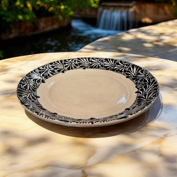 Hand Painted Talavera Beige and Black Dinner Plate