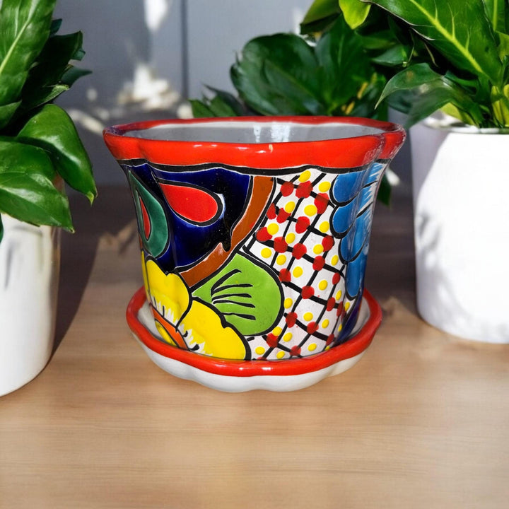 Wavy Hand Painted Colorful Planter Pot with Saucer Plate