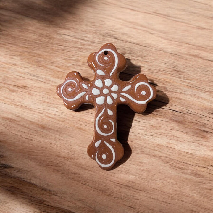 Small Handpainted Talavera Brown and White Cross