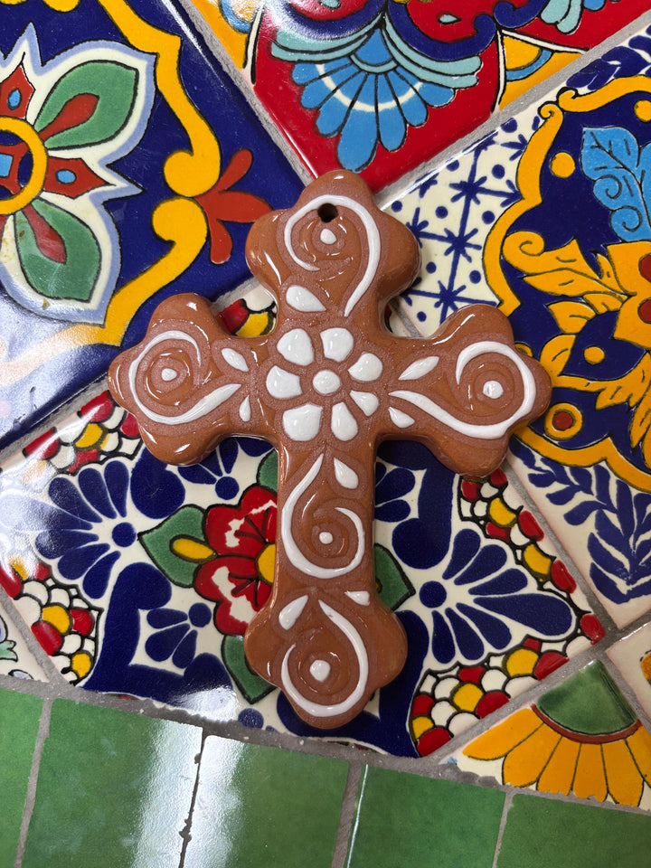 Small Handpainted Talavera Brown and White Cross