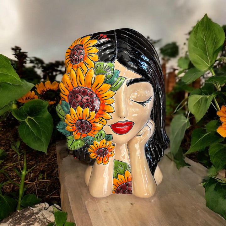 Hand Painted Woman Planter Pot Tall Bust Sculpture