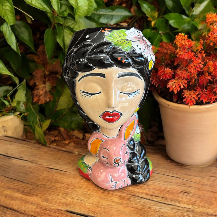 Hand Painted Woman Planter Pot Tall Bust Sculpture