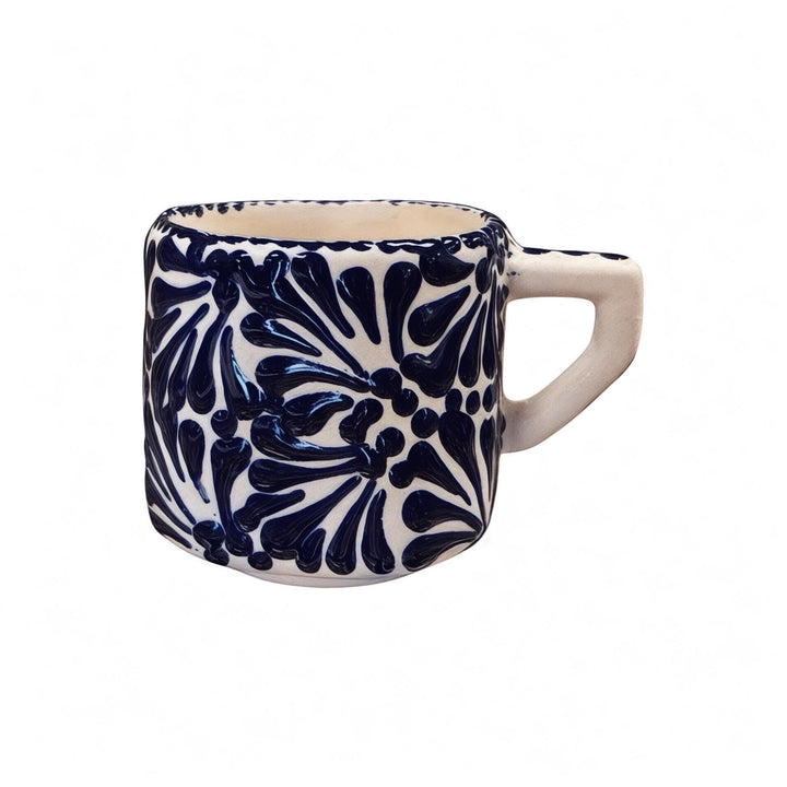 Hand Painted Talavera White and Dark Blue Geometric Mug