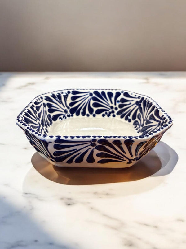 Handmade Talavera White and Dark Blue Octagonal Bowl