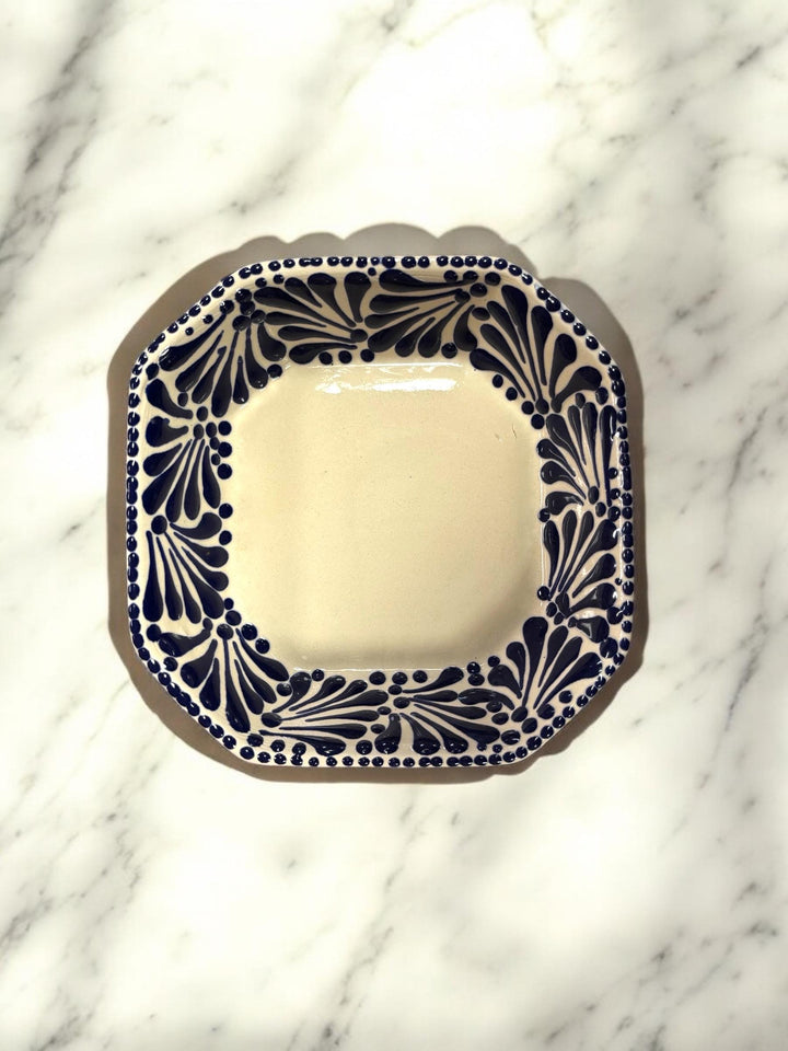 Handmade Talavera White and Dark Blue Octagonal Bowl