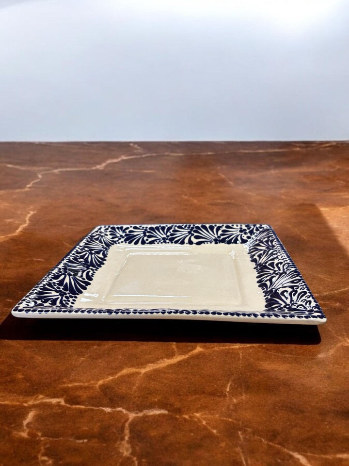 Hand Painted Talavera White and Dark Blue Square Plate